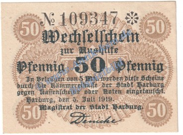 Harburg , Notgeld 50 Pfennig Schein in kfr. Tieste 2805.05.02 , NDS von 1919