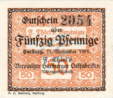 Harburg , Notgeld 50 Pfennig Schein unc-kfr. Ti.2805.35.02 , Niedersachsen 1918 Verkehrsausgabe