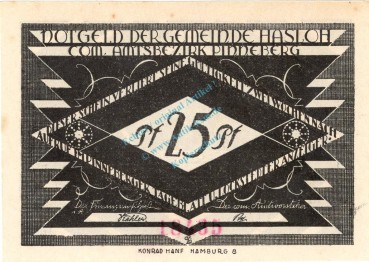 Preview: Hasloh , Notgeld 25 Pfennig --98 x 69-- Nr.2  unc-kfr. M-G 584.2 , Schleswig Holstein o.D. Seriennotgeld
