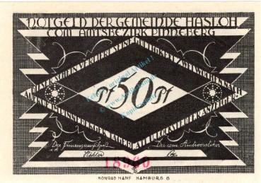 Preview: Hasloh , Notgeld 50 Pfennig --98 x 69-- Nr.1  unc-kfr. M-G 584.2 , Schleswig Holstein o.D. Seriennotgeld