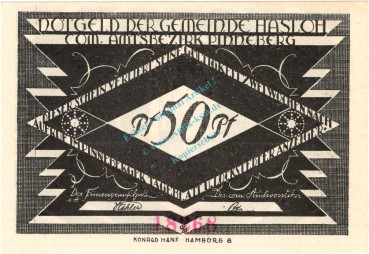 Preview: Hasloh , Notgeld 50 Pfennig --98 x 69-- Nr.2  unc-kfr. M-G 584.2 , Schleswig Holstein o.D. Seriennotgeld