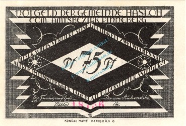 Preview: Hasloh , Notgeld 75 Pfennig --98 x 69-- Nr.1  unc-kfr. M-G 584.2 , Schleswig Holstein o.D. Seriennotgeld