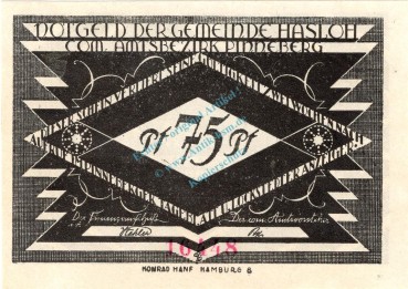 Preview: Hasloh , Notgeld 75 Pfennig --98 x 69-- Nr.2  unc-kfr. M-G 584.2 , Schleswig Holstein o.D. Seriennotgeld