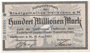 Heilbronn , Banknote 100 Millionen Mark Schein in kfr. Keller 2294 , Württemberg 1923 Grossnotgeld - Inflation