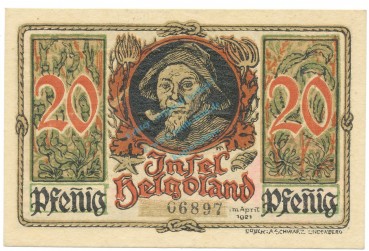 Preview: Helgoland , Notgeld 20 Pfennig -Stempel- unc-kfr. M-G 595.1.d , SH 1921 Seriennotgeld -5775-