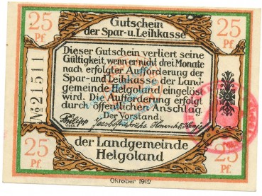 Helgoland , Notgeld 25 Pfennig -2 Stempel- unc-kfr. Tieste 2915.10.50.B , SH 1919 Verkehrsausgabe -4058-