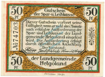 Preview: Helgoland , Notgeld 50 Pfennig -Fehldruck- unc-kfr. M-G 595.4 , SH 1921 Seriennotgeld -5779-