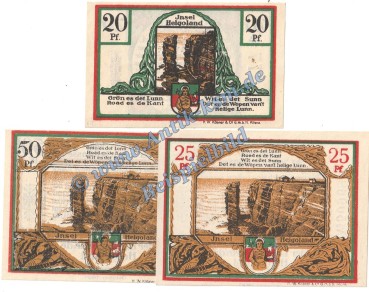 Helgoland , Notgeld Set mit 3 Scheinen in kfr. M-G 595.6 , Schleswig 1921 Seriennotgeld