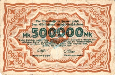 Hemer , Banknote 500.000 Mark Schein gbr. Keller 2318 , Westfalen 1923 Inflation