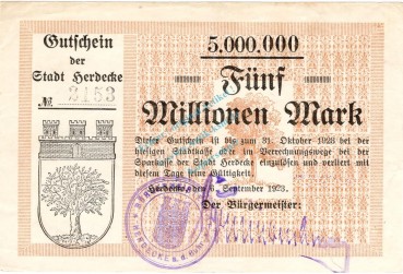 Herdecke , Banknote 5 Millionen Mark Schein unc-kfr. Keller 2327 , Westfalen 1923 Inflation