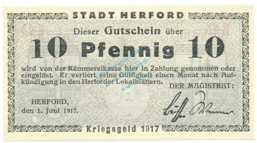 Herford , Notgeld 10 Pfennig Schein unc-kfr. Tieste 2945.05.02 , Westfalen 1917 Verkehrsausgabe