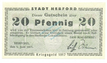 Herford , Notgeld 20 Pfennig Schein unc-kfr. Tieste 2945.05.03 , Westfalen 1917 Verkehrsausgabe