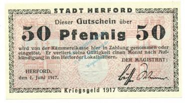 Herford , Notgeld 50 Pfennig Schein unc-kfr. Tieste 2945.05.04 , Westfalen 1917 Verkehrsausgabe