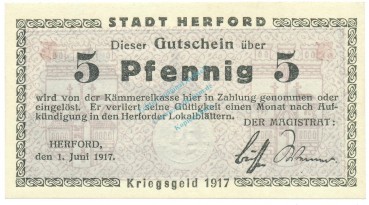 Herford , Notgeld 5 Pfennig Schein unc-kfr. Tieste 2945.05.01 , Westfalen 1917 Verkehrsausgabe
