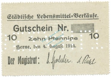 Herne , Notgeld 10 Pfennig Schein unc-kfr.E Diessner 148.2.c , Westfalen 1914 Notgeld 1914-15