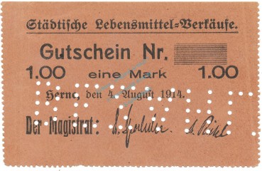 Herne , Notgeld 1 Mark Schein unc-kfr.E Diessner 148.4.d , Westfalen 1914 Notgeld 1914-15