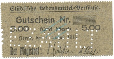 Herne , Notgeld 5 Mark Schein unc-kfr.E Diessner 148.6.c , Westfalen 1914 Notgeld 1914-15
