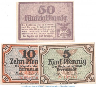 Herrnstadt Notgeld , Tieste 2970.05.01-3 , Set mit 3 Scheinen in kfr. o.D. Schlesien Verkehrsausgabe