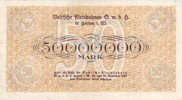 Preview: Herten , Banknote 50 Millionen Mark Schein in unc-kfr Keller 2358.g. , Westfalen 1923 Inflation