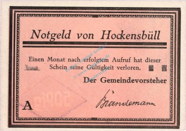 Hockensbüll , Notgeld 50 Pfennig A --Variante Würfel-- unc-kfr. M-G 614... Schleswig Holstein o.D. Seriennotgeld