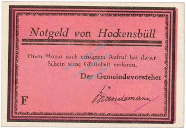 Hockensbüll , Notgeld 50 Pfennig Schein -F- unc-kfr. M-G 614.2.b , SH o.d. Seriennotgeld -5761-