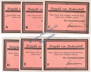 Preview: Hockensbüll , Notgeld Set mit 6 Scheinen -rosa- in kfr. M-G 614.1.b , Schleswig Holstein o.D. Seriennotgeld