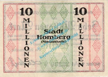 Preview: Homberg , Banknote 10 Millionen Mark Schein in kfr. Keller 2441.c , Rheinland 1923 Grossnotgeld - Inflation