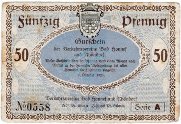 Honnef , Notgeld 50 Pfennig Schein in gbr. Tieste 3135.05.01 , Rheinland 1921 VerkehrsausgabeHonnef , Notgeld 50 Pfennig Schein in gbr. Tieste 3135.05.01 , Rheinland 1921 Verkehrsausgabe