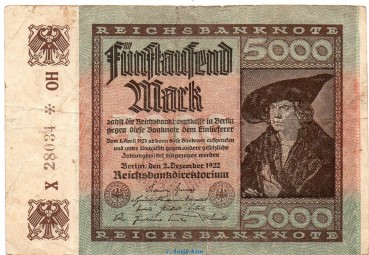 Preview: Reichsbanknote , 5.000 Mark Schein Kn. 5-stellig in gbr. DEU-91.c, Ros.80, P.81 , vom 02.12.1922 , Nachkriegszeit und Inflation