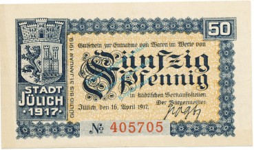 Jülich , Notgeld 50 Pfennig Schein unc-kfr. Tieste 3295.05.05 , RHL 1917 Verkehrsausgabe -4140-