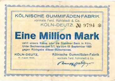 Köln-Deutz , Banknote 1 Million Mark Schein gbr. Keller 2719.a , Rheinland 1923 Inflation