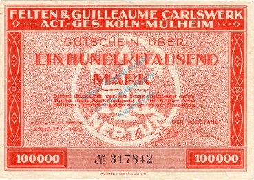 Köln , Banknote 100.000 Mark Schein unc-kfr. Keller 2735.b , Rheinland 1923 Inflation