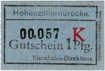 Köln , Notgeld 1 Pfennig -Hohenzollernbrücke- in unc-kfr. Ti.3565.040.40 , Rheinland o.D. VerkehrsausgabeKöln , Notgeld 1 Pfennig -Hohenzollernbrücke- in unc-kfr. Ti.3565.040.40 , Rheinland o.D. Verkehrsausgabe
