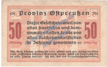 Königsberg , Notgeld 50 Pfennig Schein in kfr. Tieste 3595.20.35 , Ostpreussen 1918 Verkehrsausgabe