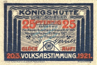 Notgeld Königshütte , 25 Pfennig Schein in kfr. Mehl Grabowski 726.1 c , von 1921 , Schlesien Seriennotgeld