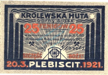 Preview: Notgeld Königshütte , 25 Pfennig Schein in kfr. Mehl Grabowski 726.1 c , von 1921 , Schlesien Seriennotgeld