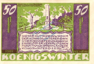 Preview: Königswinter , Notgeld 50 Pf. --Sie sollen Ihn...1505 WZ-- in kfr. M-G 730.1 Westfalen 1921 Seriennotgeld