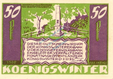 Preview: Königswinter , Notgeld 50 Pf. --Sie sollen Ihn...1509-- in kfr. M-G 730.2.c Westfalen 1921 Seriennotgeld