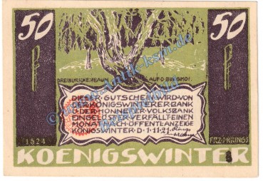 Königswinter , Notgeld 50 Pfennig Nr.7 Gem.Stempel -1524- in kfr. M-G 730.3.a , Westfalen 1921 Seriennotgeld