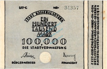 Kaiserslautern , Banknote 100.000 Mark Schein L-gbr. Keller 2541.a , Pfalz 1923 Inflation