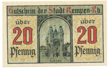 Kempen , Notgeld 20 Pfennig Schein unc-kfr. Tieste 3460.05.15 , RHL 1920 Verkehrsausgabe -4059-