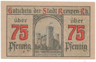 Kempen , Notgeld 75 Pfennig Schein Nr.4 unc-kfr. M-G 689.3 , RHL 1920 Seriennotgeld -5787-