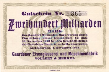 Kiel-Gaarden , Banknote 200 Milliarden Mark Schein unc-kfr. Keller 2639 , Schleswig Holstein 1923 Inflation