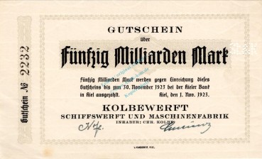 Kiel , Banknote 50 Milliarden -Winterwellen- unc-kfr. Keller 2626.a , Schleswig Kiel , Banknote 50 Milliarden -Winterwellen- unc-kfr. Keller 2626.a , Schleswig Holstein 1923 InflationHolstein 1923 Inflation