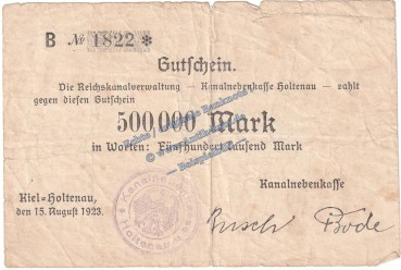 Kiel Holtenau , Banknote 500.000 Mark Schein in gbr. Keller 2640.a , Schleswig 1923 Grossnotgeld - Inflation
