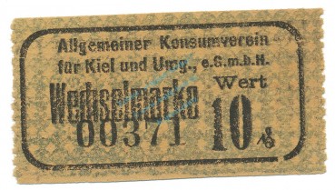 Kiel , Notgeld 10 Pfennig Schein unc-kfr. Tieste 3470.05.12 , Schleswig o.D. Verkehrsausgabe