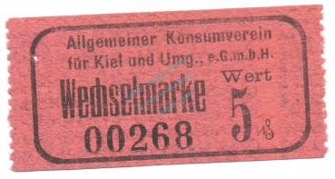 Kiel , Notgeld 5 Pfennig Schein F-kfr. Tieste 3470.05.11 , Schleswig o.D. Verkehrsausgabe