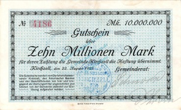 Kirchzell , Banknote 10 Millionen Mark Schein L-gbr. Keller 2657 , Bayern 1923 Inflation