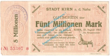 Kirn , Notgeld 5 Millionen Mark Schein in gbr. Keller 2658... Rheinland 1923 Grossnotgeld Inflation