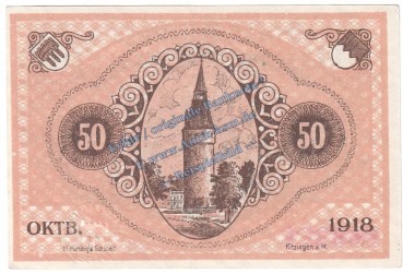 Preview: Kitzingen , Notgeld 50 Pfennig -grün rosa- in kfr. Tieste 3510.05.30 , Bayern 1918 Verkehrsausgabe